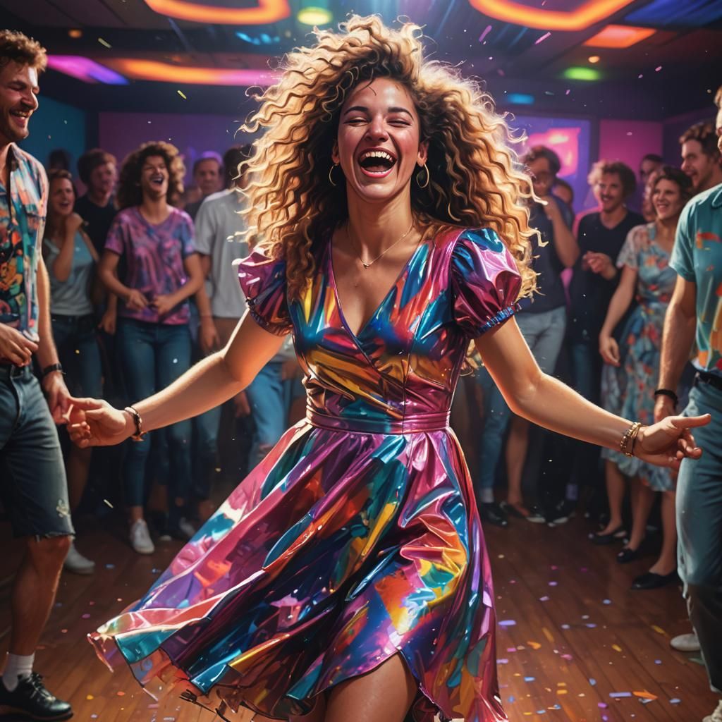 80s Girl Laughing on Dance Floor: Hyperrealistic Art