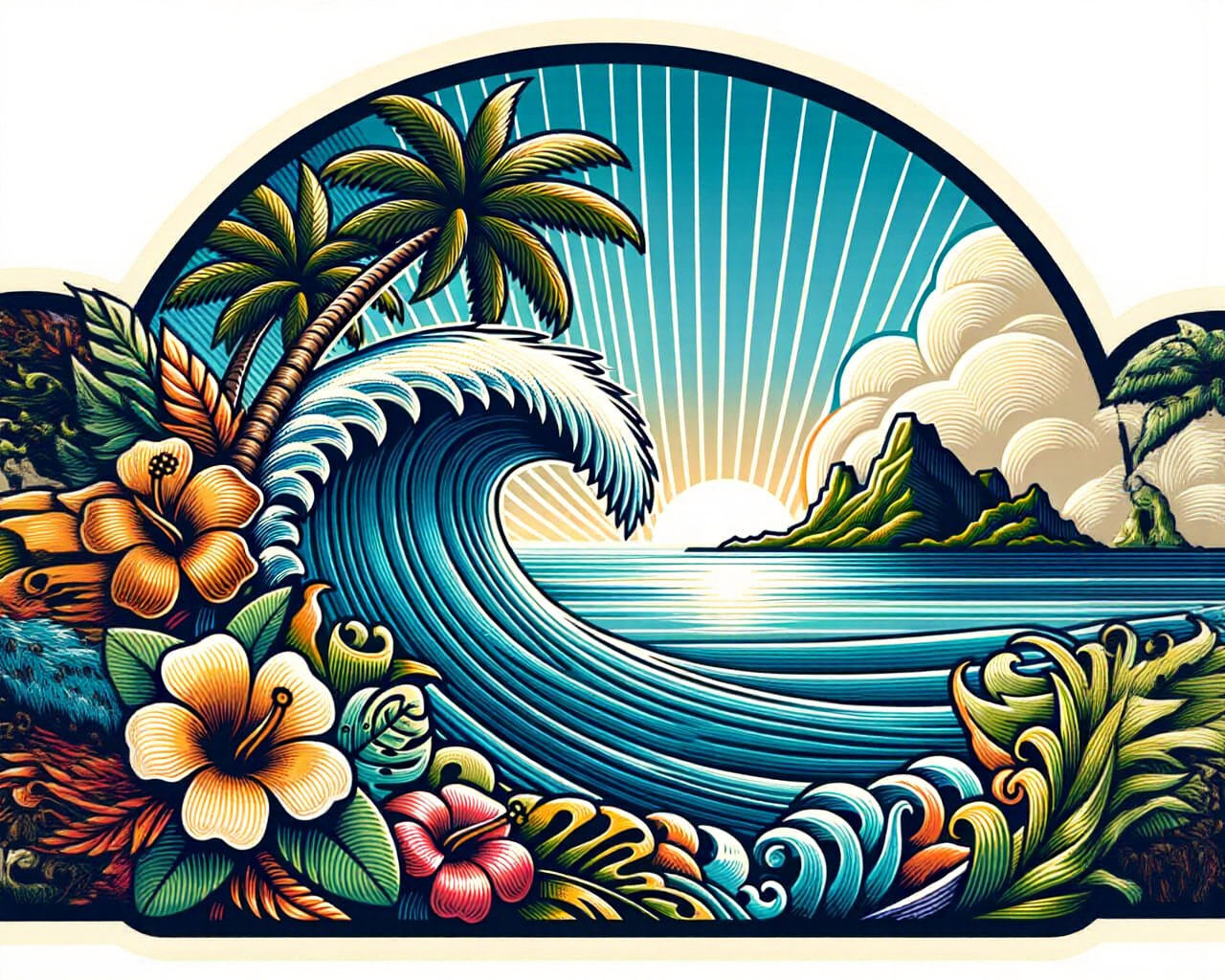 Tropical Surfing Wave Sticker in Vector Style
