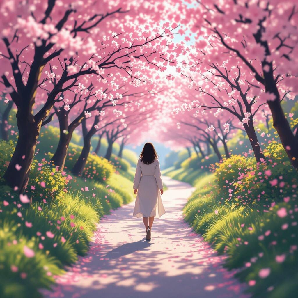 Woman Walks Cherry Blossom Path in Anime Style