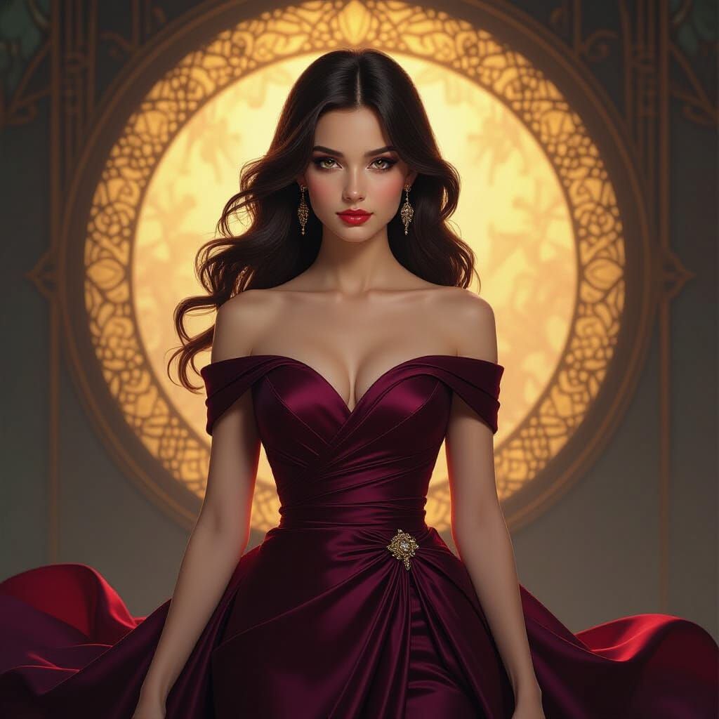 Girl in Burgundy Silk Dress: Dark Fantasy Concept Art