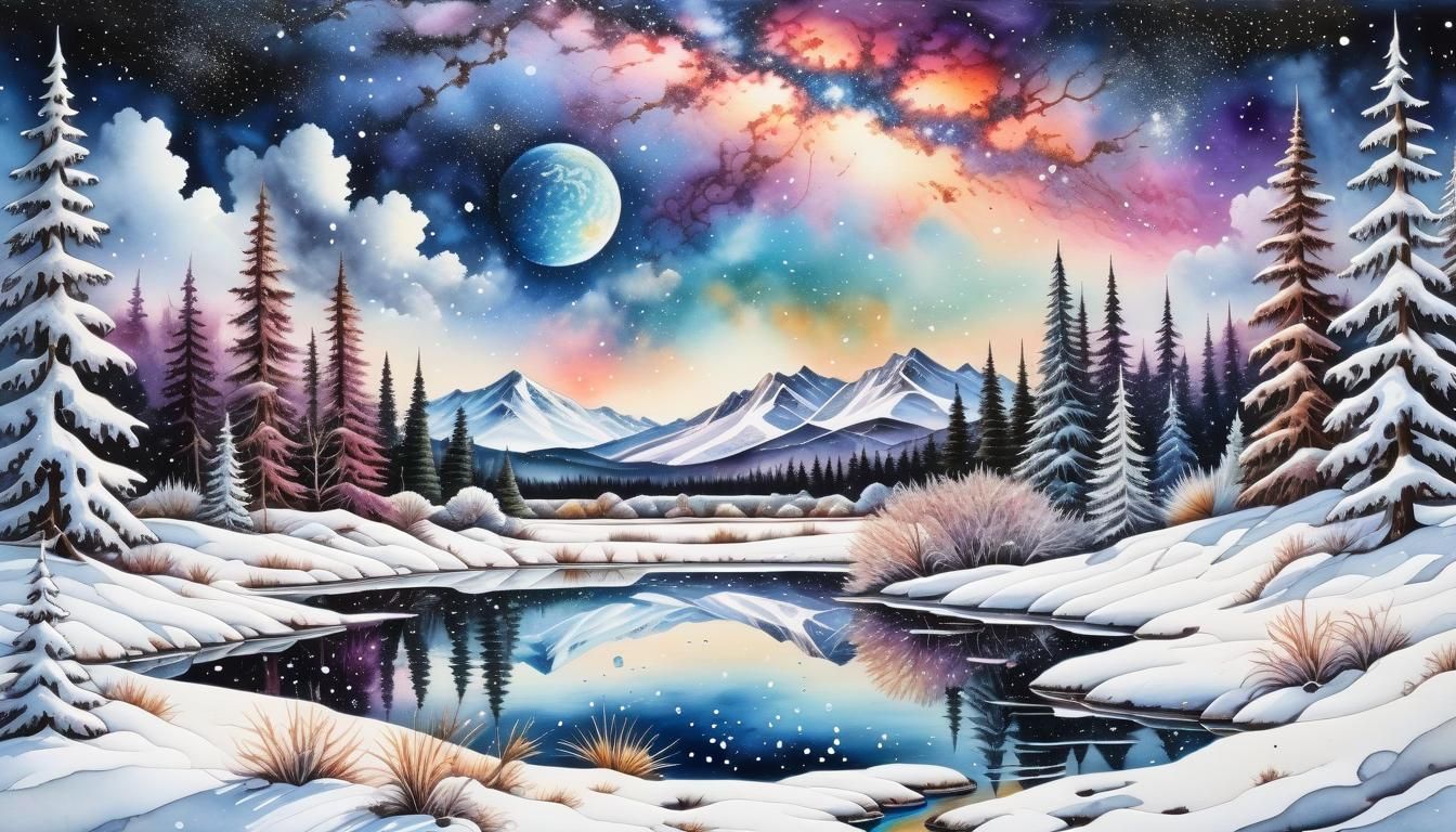 Watercolor Galaxy Sky over Snowy Landscape
