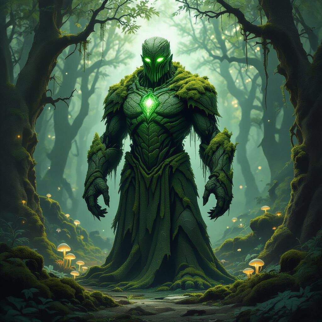 Mossy Stone Golem Guards Forest Clearing in Dark Fantasy Sty...