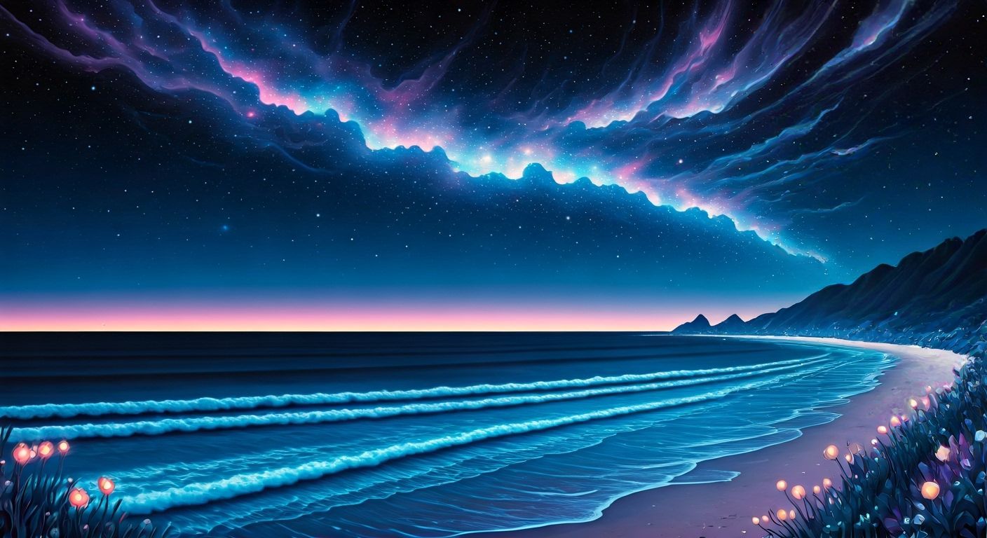 Starry Night Sky Over Ocean Beach With Bioluminescent Waves