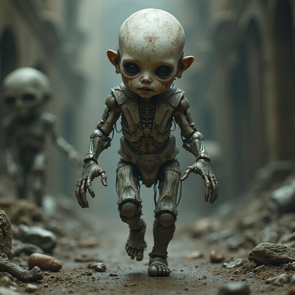 Biomechanical Baby in Gothic Hellscape, Dark Fantasy Art