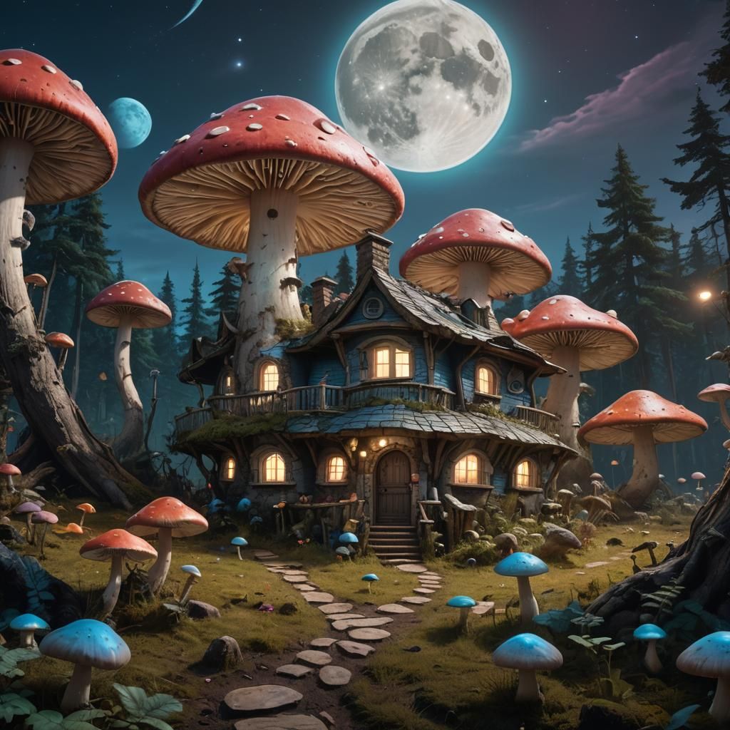 Mushroom House and Fishing Cat, Dark Fantasy Art