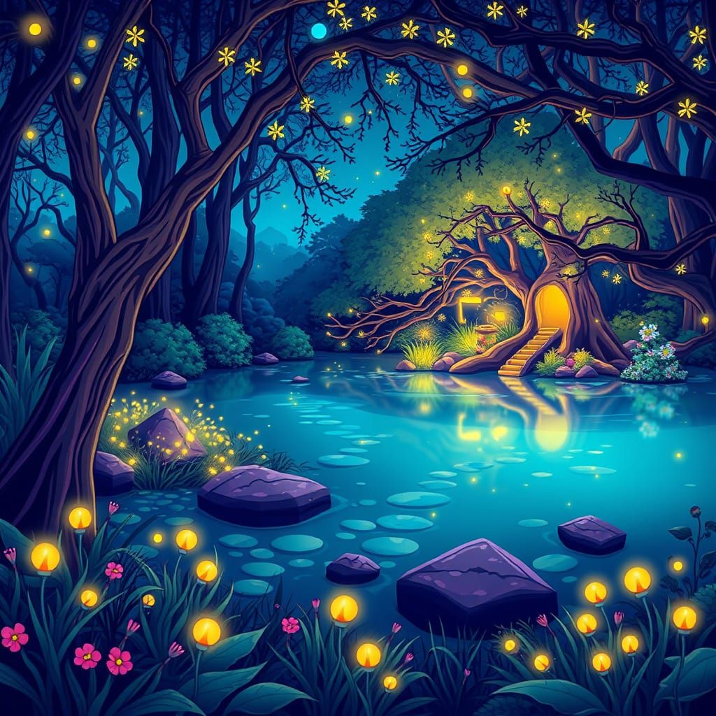 Enchanted Forest Pond at Night in Cartoon Style