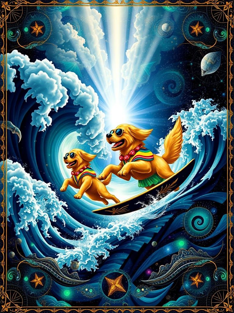 Kaleidoscopic Quilt with Golden Retrievers in Fractal Seas