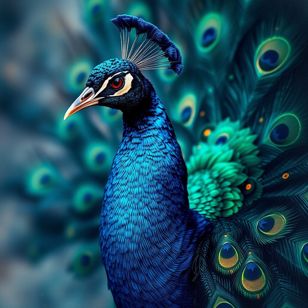 Majestic Peacock in Dreamlike Splendor with Iridescent Blues...