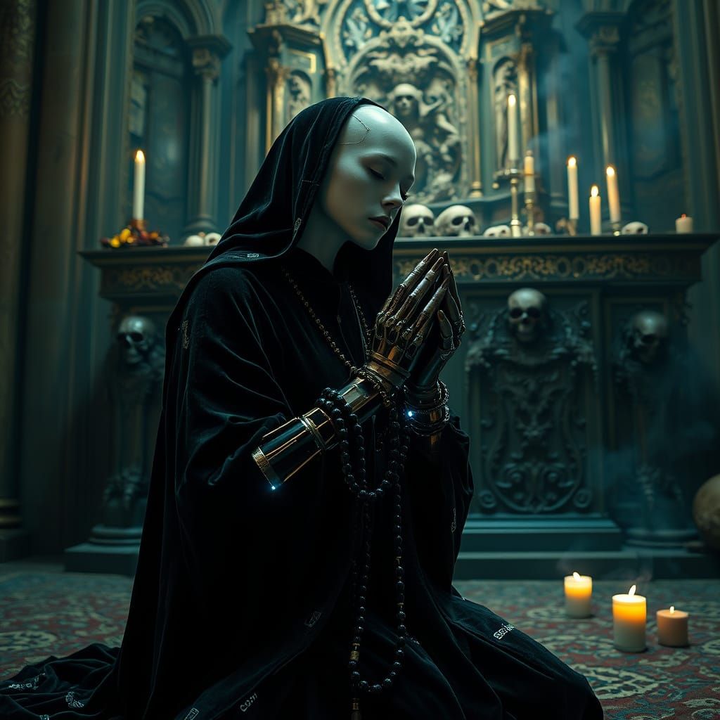 Gothic Cyborg Priestess in Dark, Ornate Altar Scene