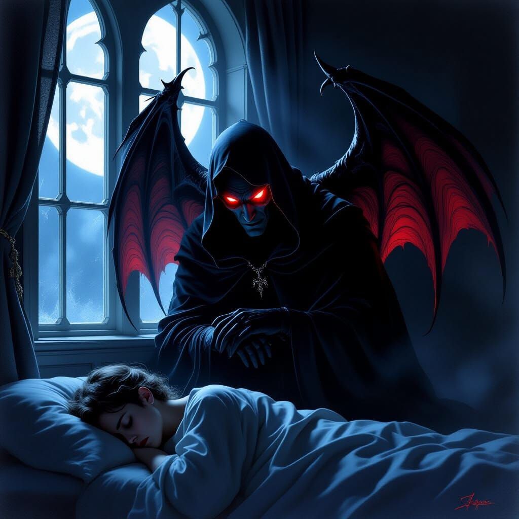 Satan Watches Sleeping Figure in Eerie Dark Fantasy Art