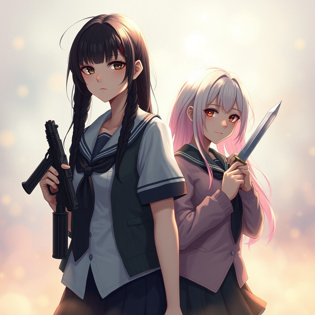 Schoolgirls with Weapons in Dreamlike Setting