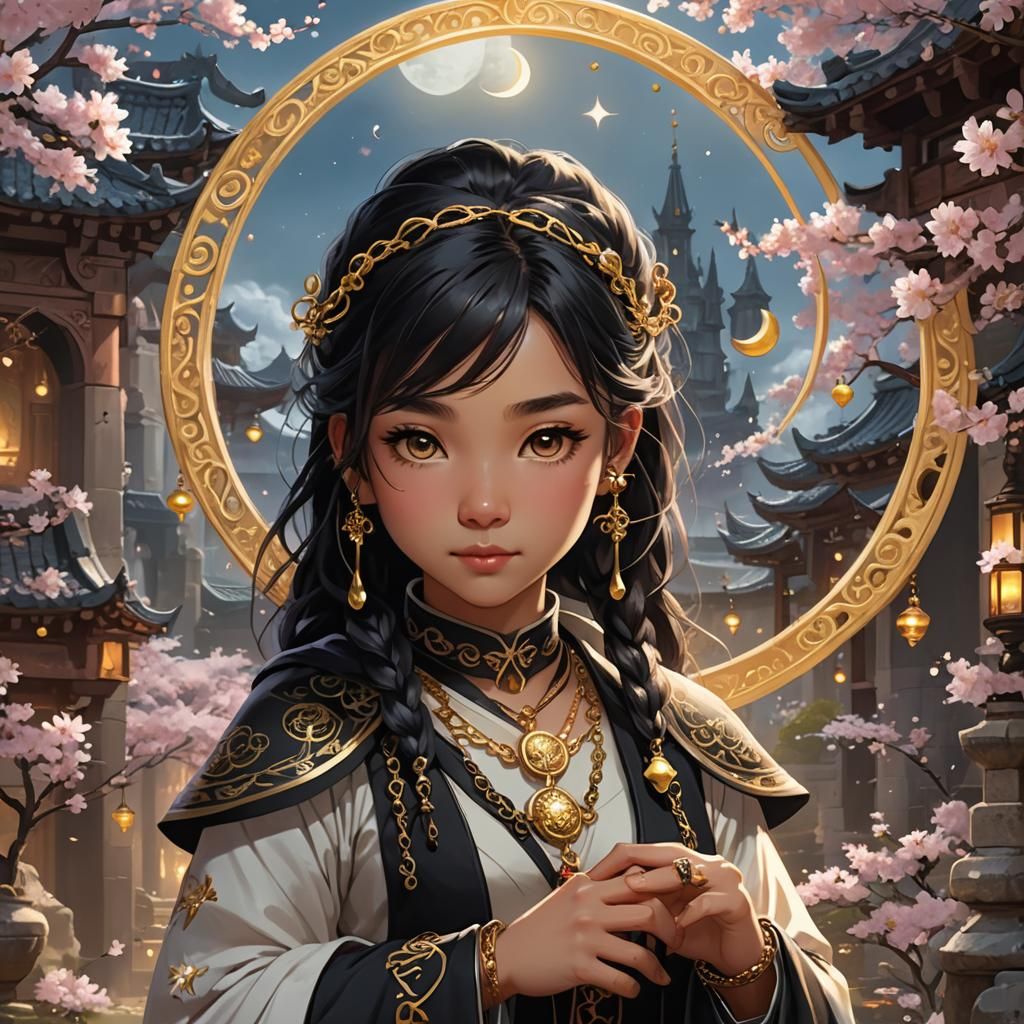 Fantasy Cleric with Lunar Symbols and Golden Eyes