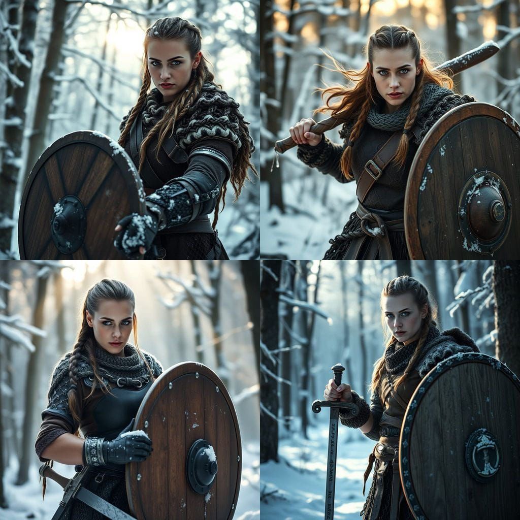Viking Shieldmaiden in Snowy Forest Landscape
