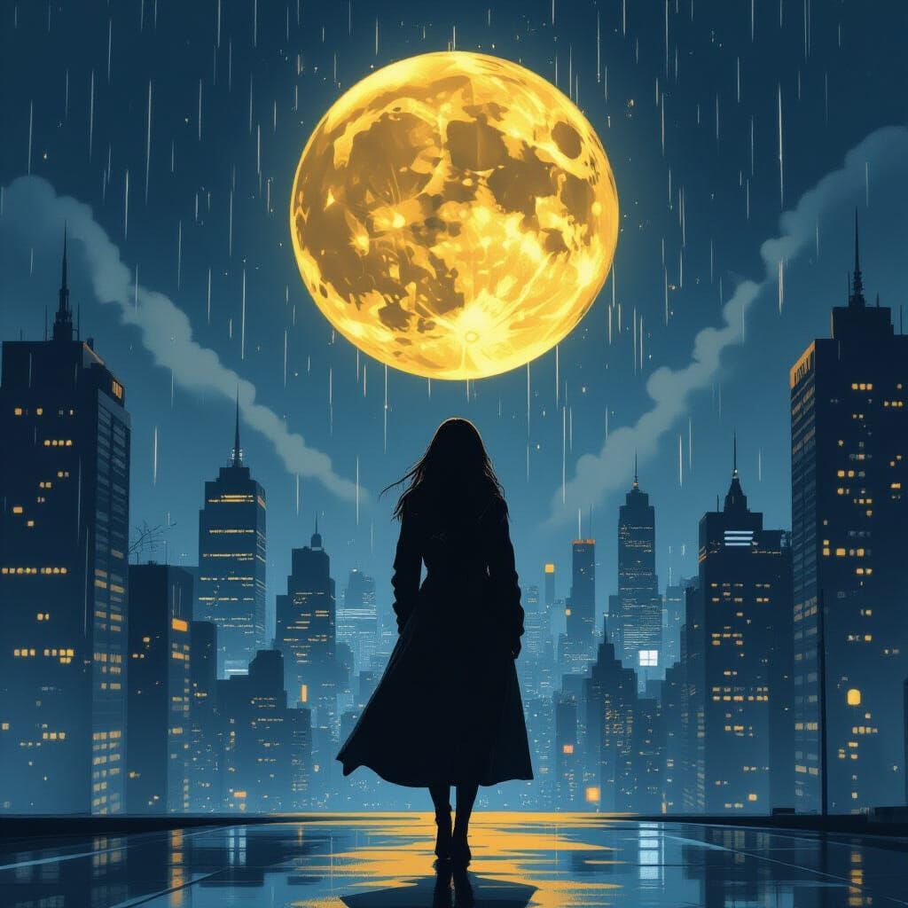 Woman in Rainy Cityscape with Golden Moon