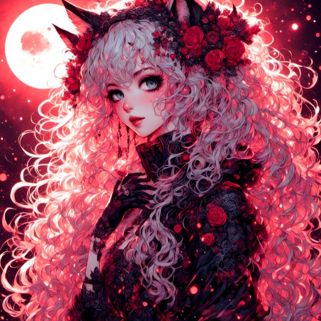 Mythical Kawaii Neko Girl with Crimson Moon in Anime Style