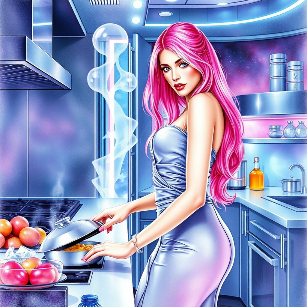 Futuristic Chef Cooking in Watercolor Style