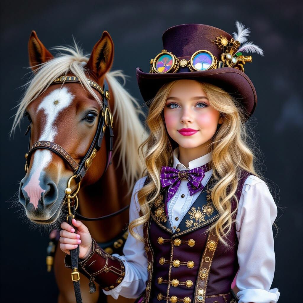 Steampunk Teenager and Loyal Steed in Chalk Art Style