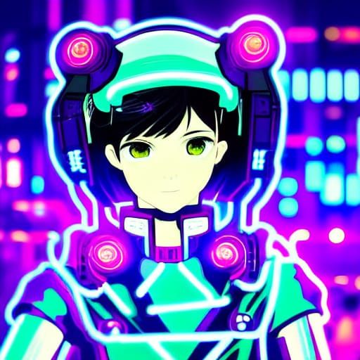 Cyberpunk Maid Cyborg in Neon Cityscape