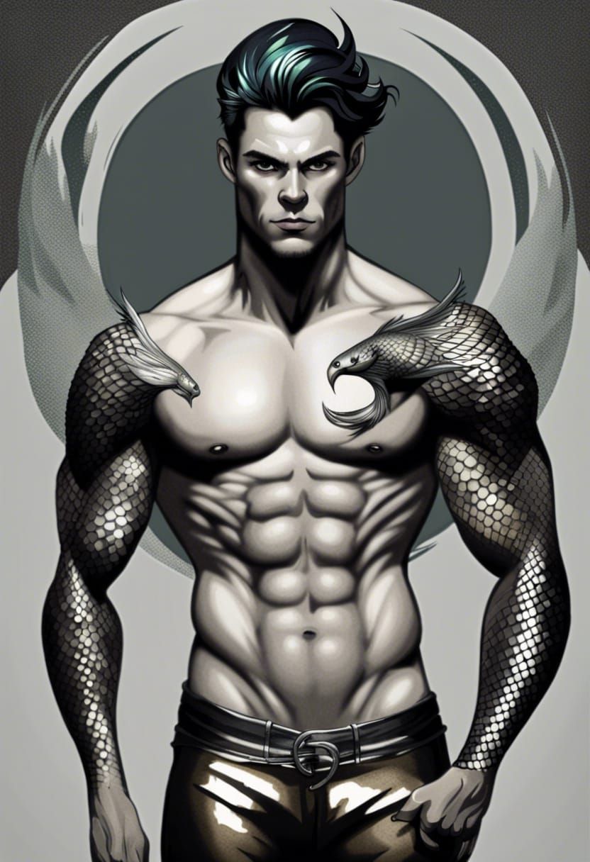 Muscular Merman with Black and Silver Scales