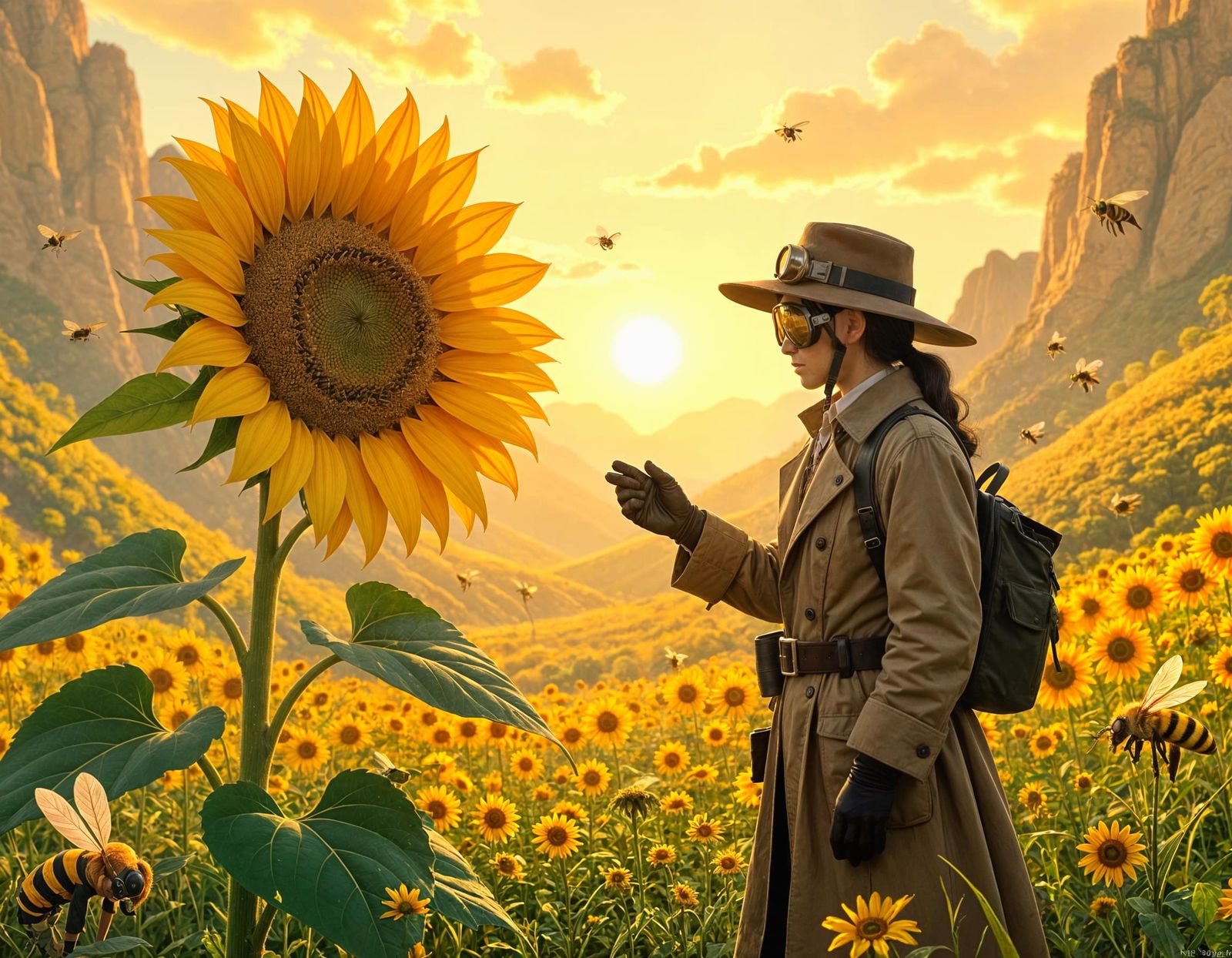 An explorer in a pith helmet and goggles examines a giant, s...