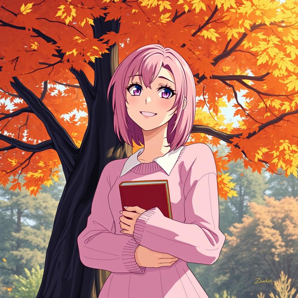 Anime Woman Reading Under Autumn Tree in Manga Style