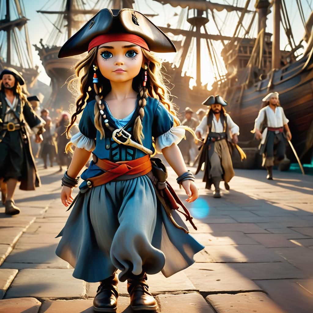 Chibi Woman Striding Through Port in Cinematic Style