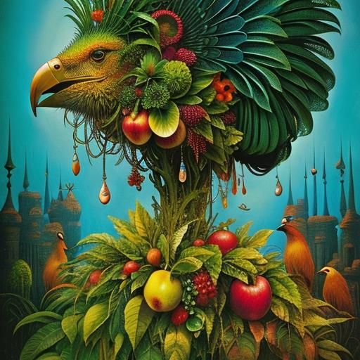 Surreal Face with Fruit and Birds in Dada Style