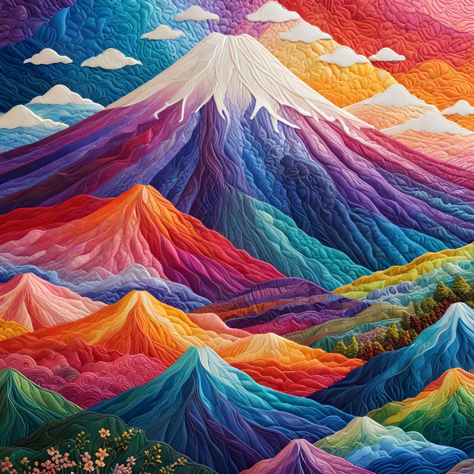 Embroidered Rainbow Mount Fuji Quilt Art