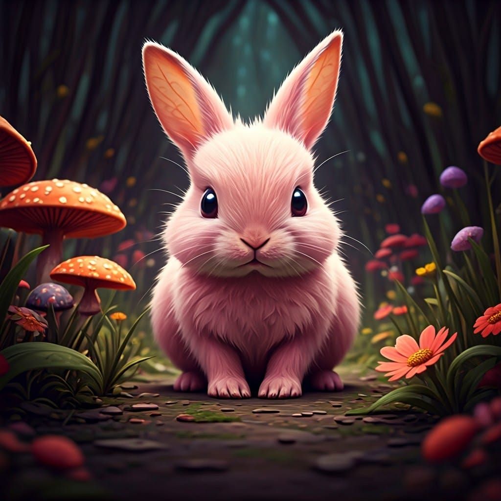 Pink Rabbit in Dreamlike Garden, Fantasy Art