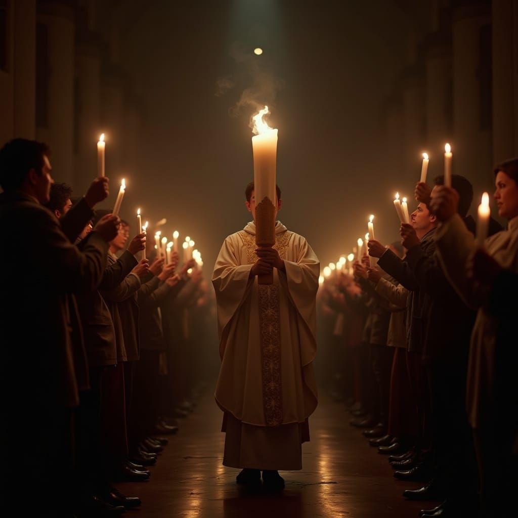 Catholic Priest Carries Lit Easter Candle into Darkened Chur...