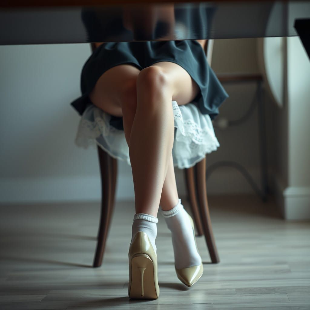 Man in Skirt, Lace Socks, and Heels Under Table