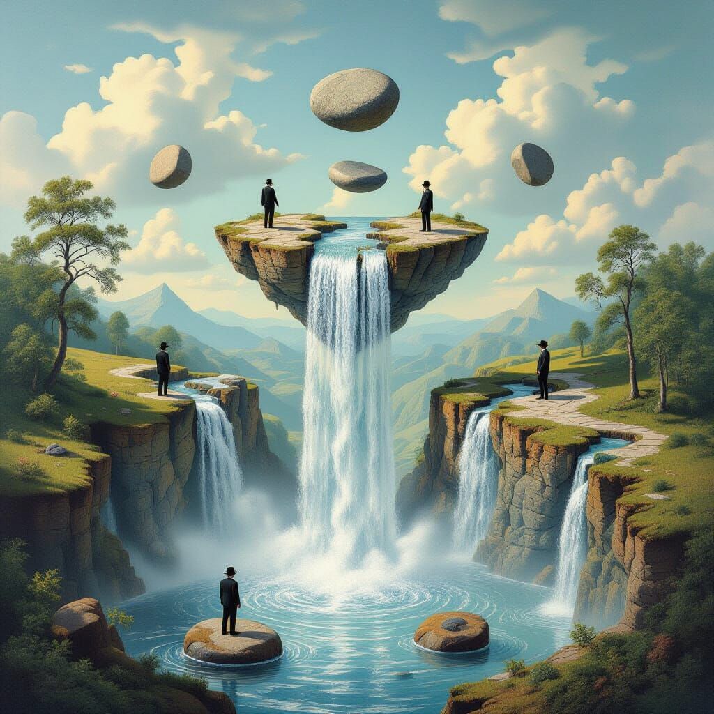Surreal Waterfall in Style of Escher and Magritte