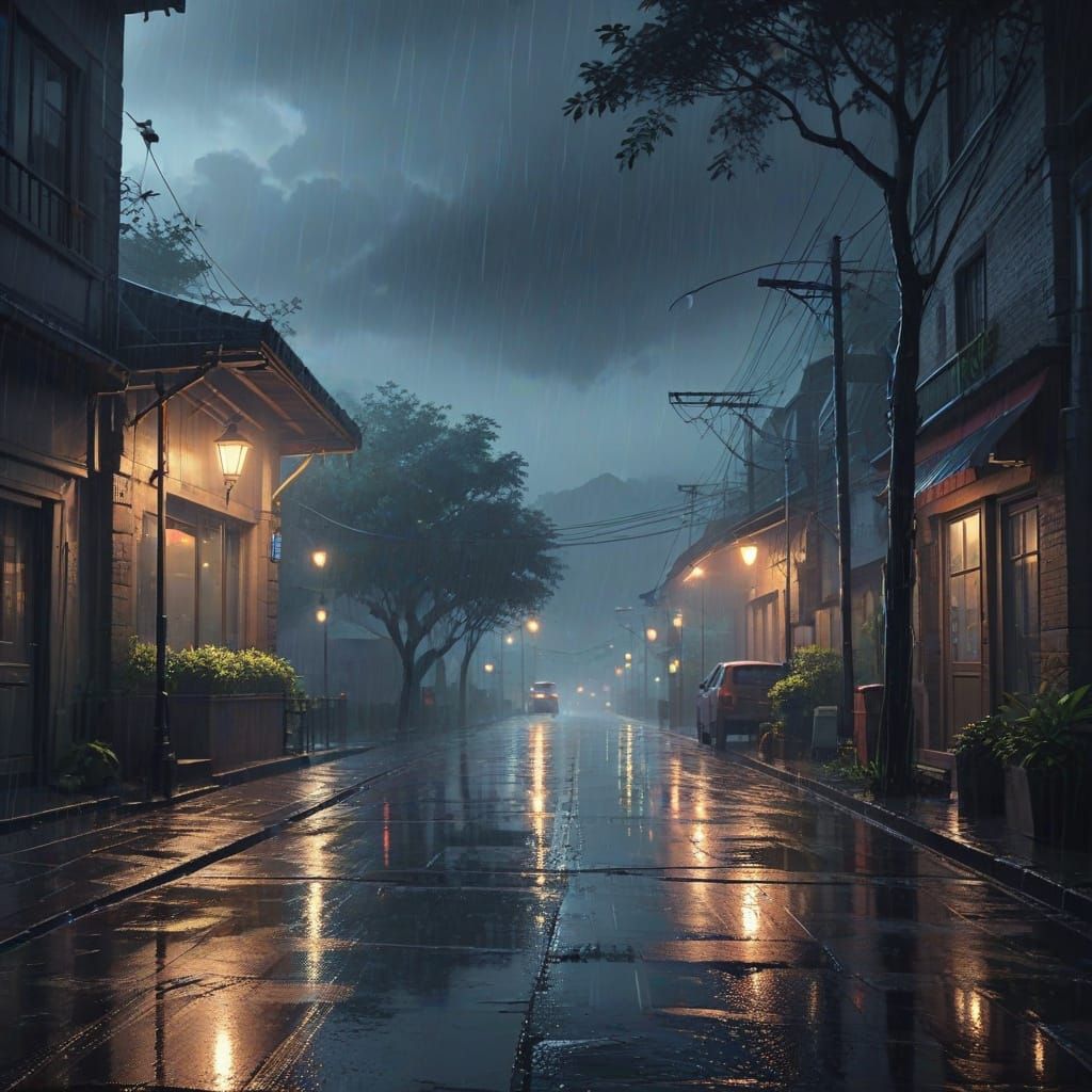 Rainy Day Masterpiece in Vibrant Cel-Shaded Style