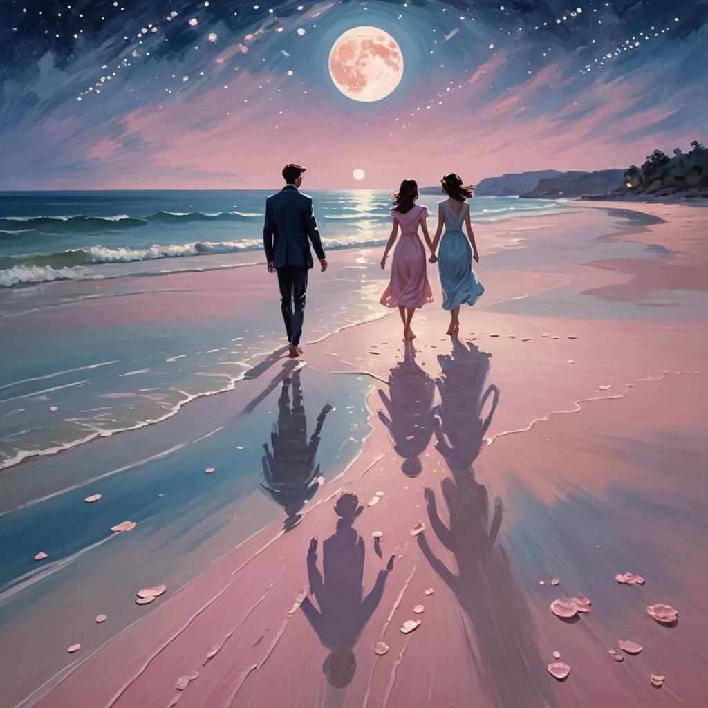 Romantic Couple on Pink Beach Under Moonlight