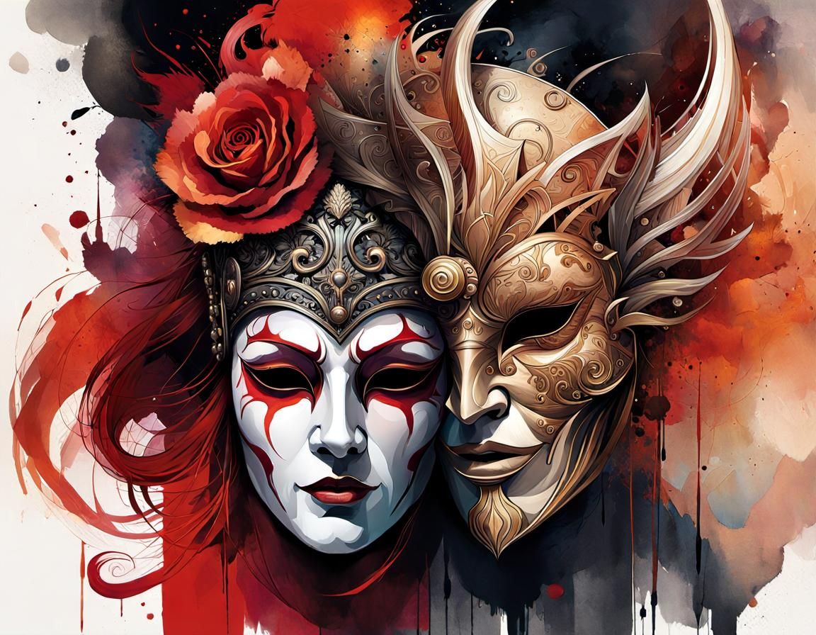 Comedy and Tragedy Masks in Watercolor Style