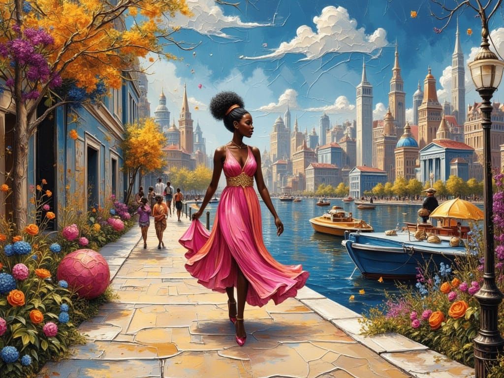 Black Woman in Sundress: Vibrant Cityscape Painting