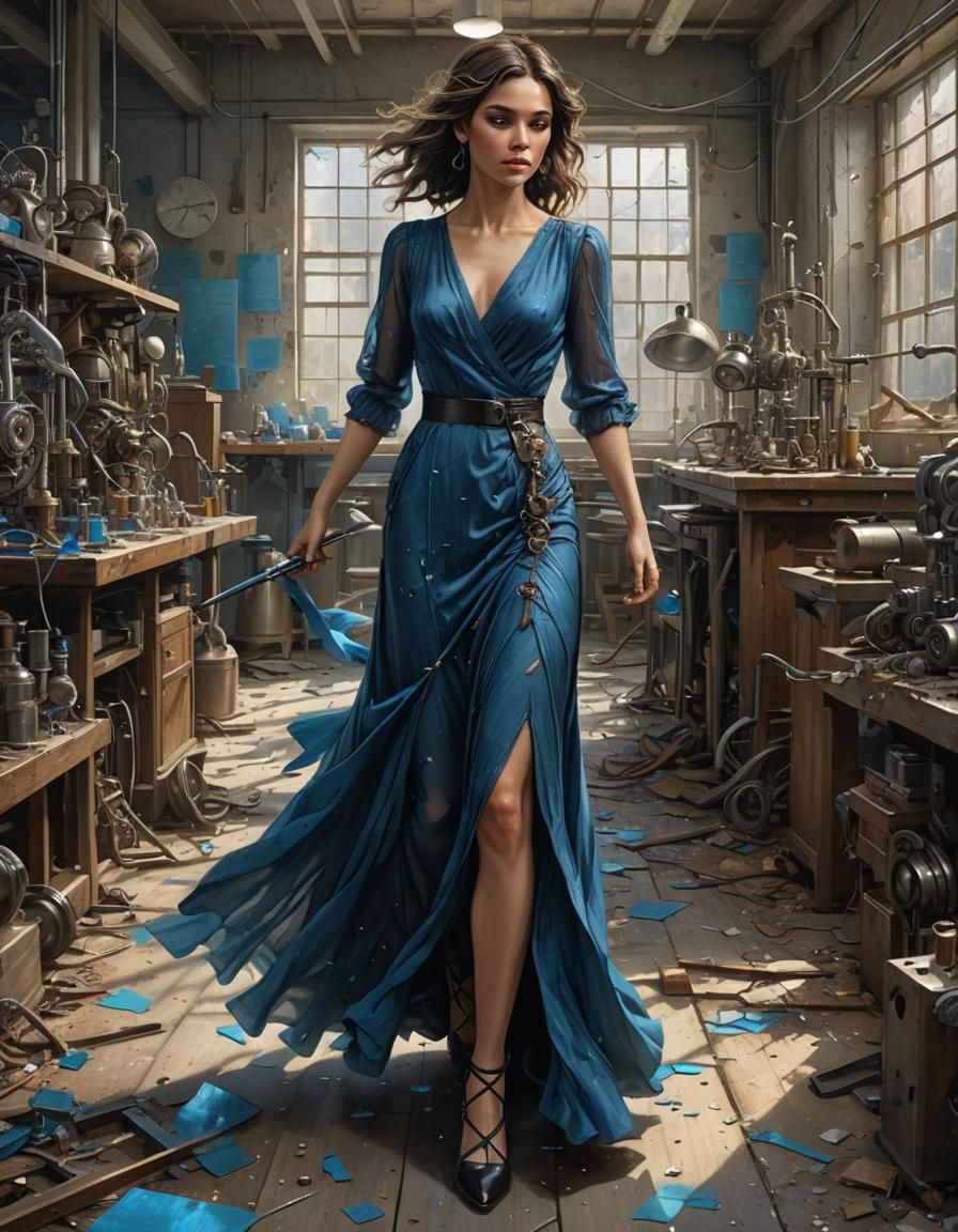 Elegant Woman in Abandoned Lab, Digital Portrait