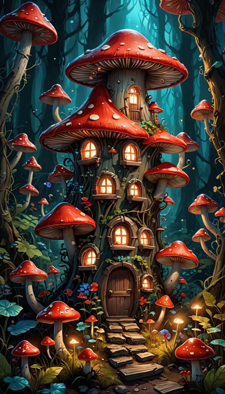 Enchanted Fairy Mushroom House in Bioluminescent Forest