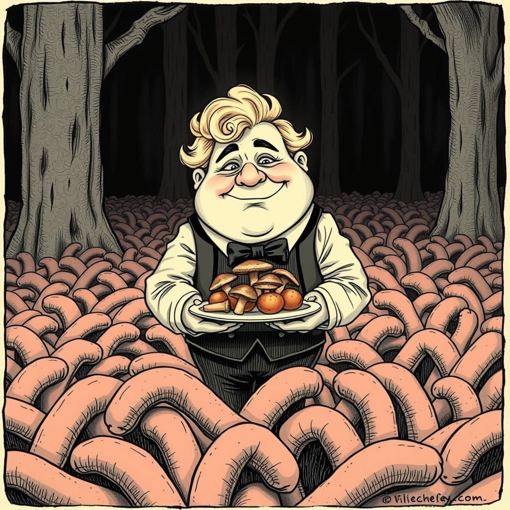 Chubby Gentleman in Sausage Field, Detailed Illustration