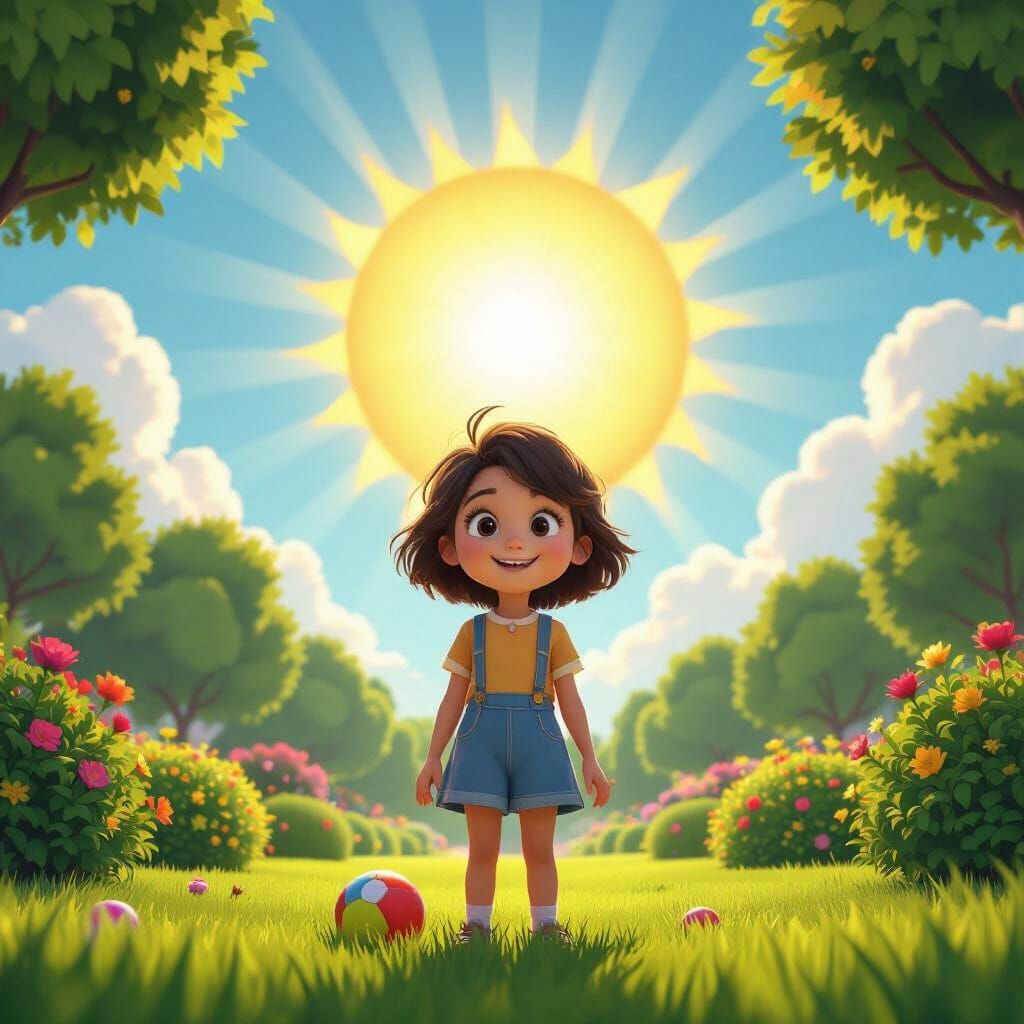 Joyful Girl in Sunny Park, Pixar Style