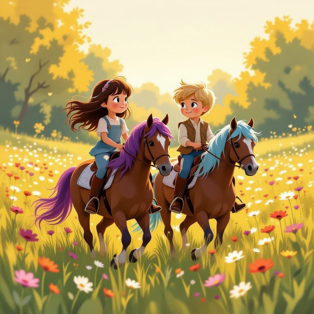 Children Galloping Horses in Sunny Meadow Storybook Style