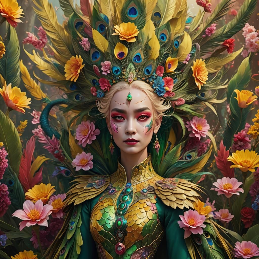 Dragon Peacock Woman in Dreamlike Digital Painting