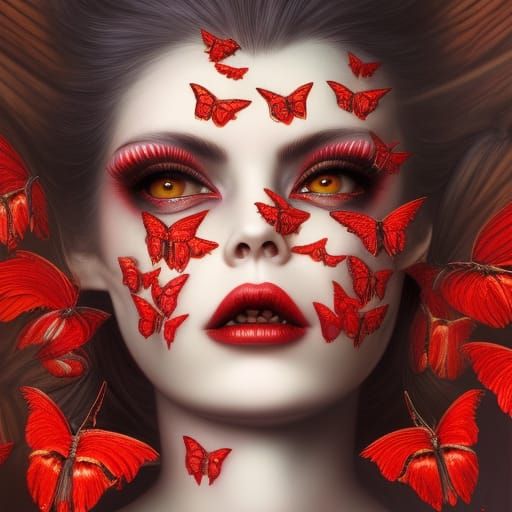 Vampire Woman Portrait with Red Butterflies