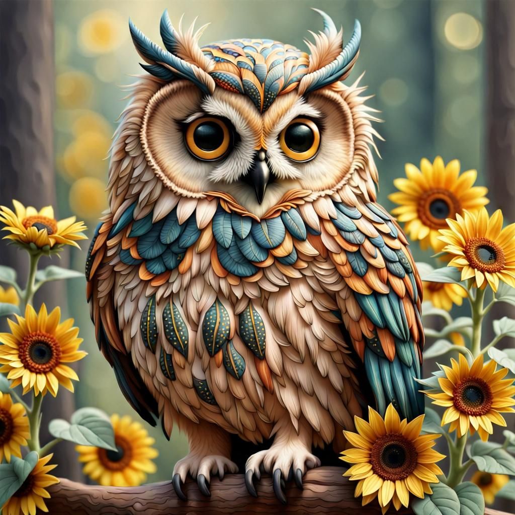 Sunflower Feathered Owl: A Whimsical Natural Scene