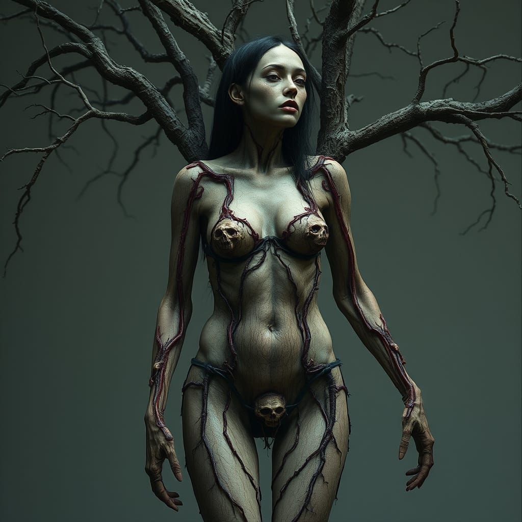 Surreal Woman-Tree Hybrid Inspired by Giger and Beksinski