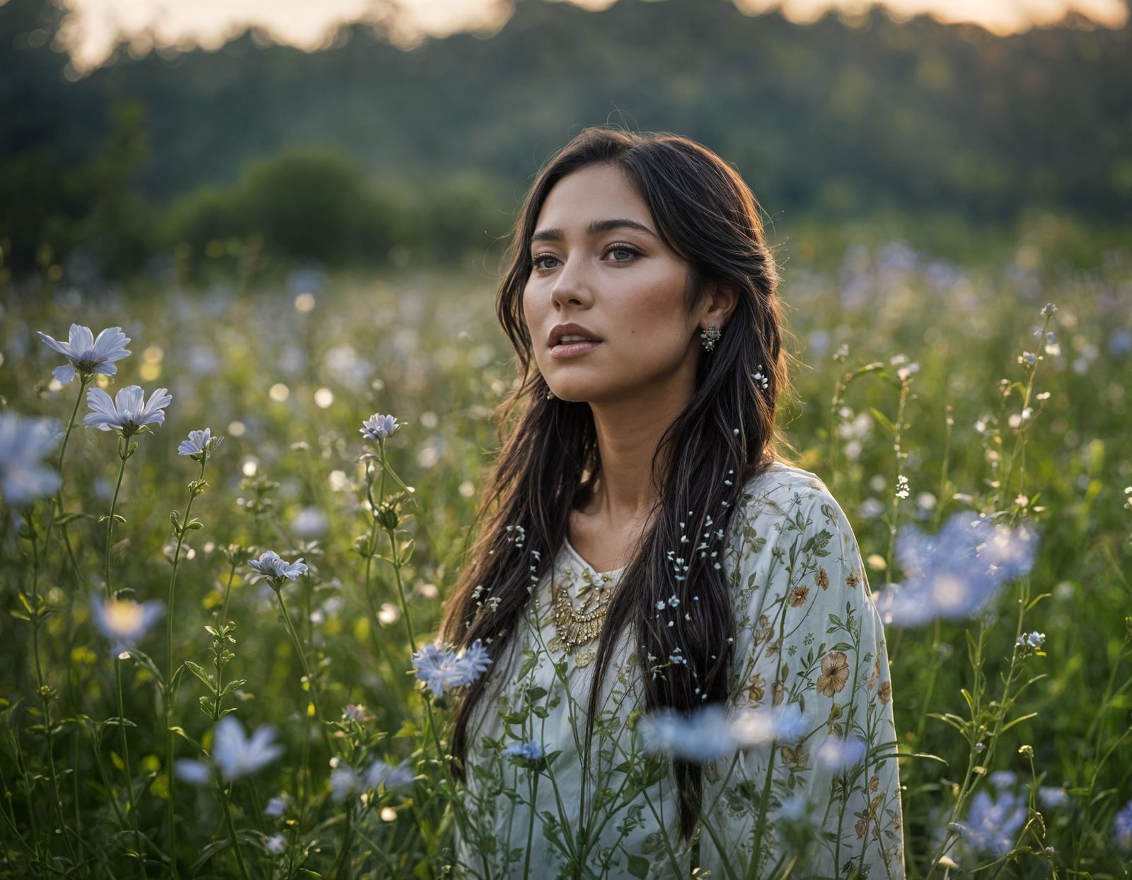 Ethereal Goddess in Wildflower Field, Photorealistic Image