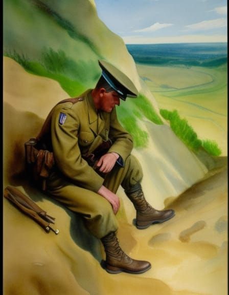 WWII Soldier in Trench: Watercolor Painting