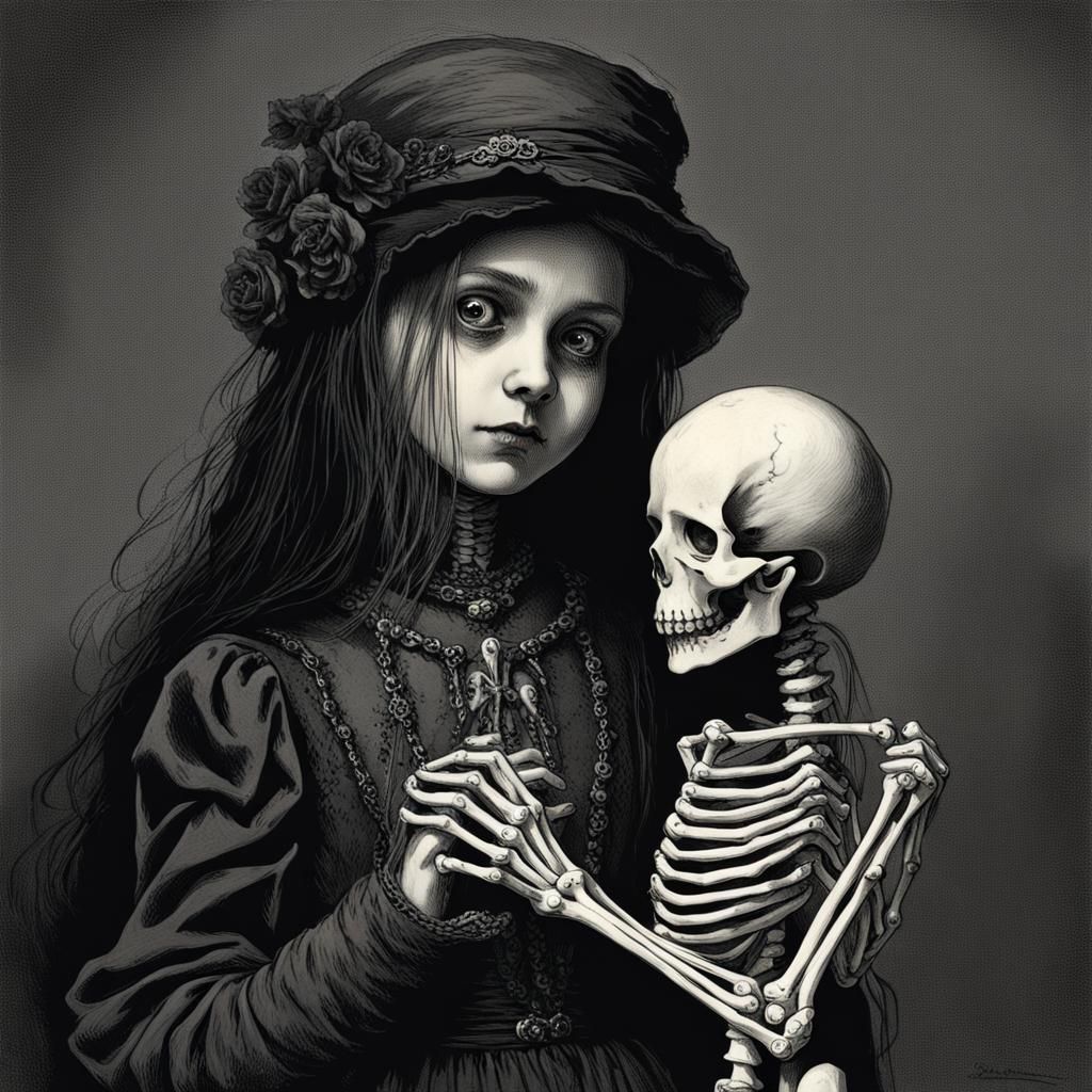 Gothic Girl with Skeleton: Horror Art