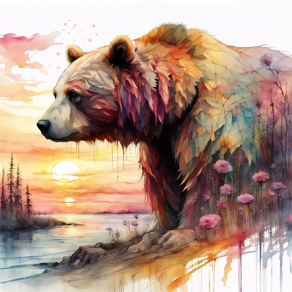 Sunset Bear in Digital Watercolor Fantasyscape
