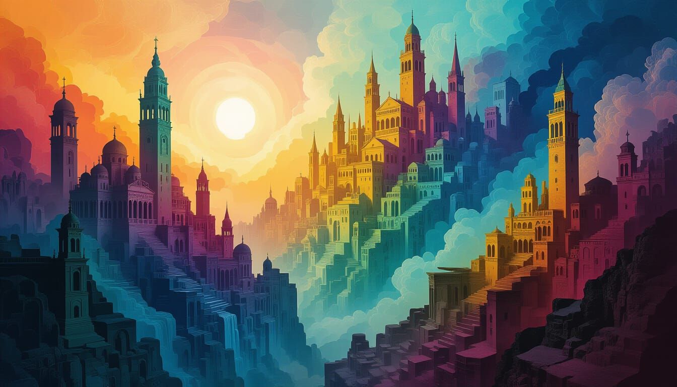 Collage of Lost Cities Through Time in Surrealist Style